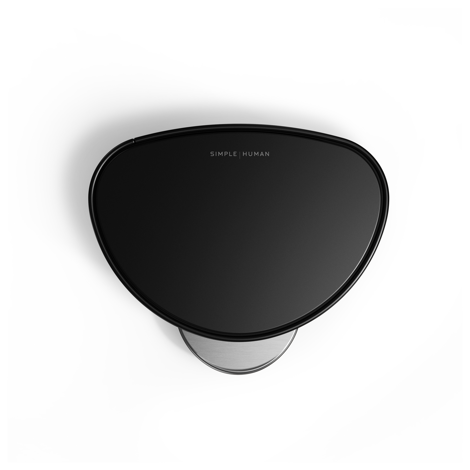 Simplehuman 6L Semi-Round Step Can, Overhead view of Matte Black lid and branding, hands-free.