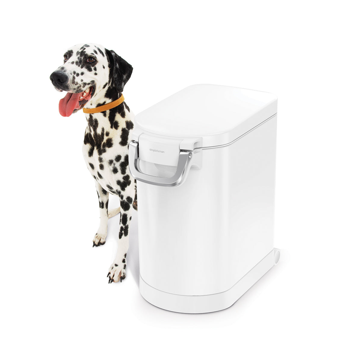 Simplehuman Medium Pet Food Can, White, studio view with dog, secure airtight locking handle.