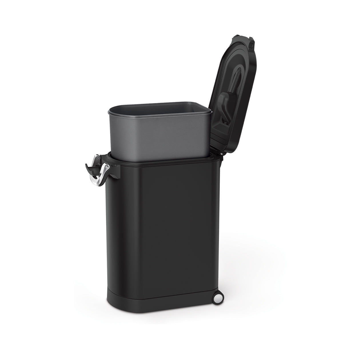 Angled view of Simplehuman Large Pet Food Can, Matte Black, open, showing removable liner and integrated scoop storage in the lid.