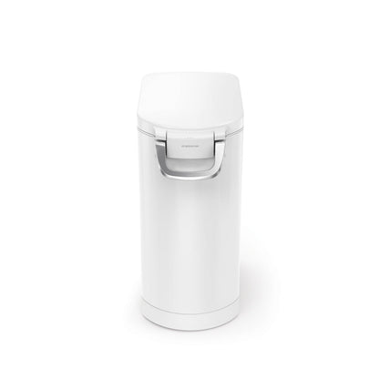 Vertical studio view of Simplehuman White Large Pet Food Can, closed securely with polished airtight locking handle.