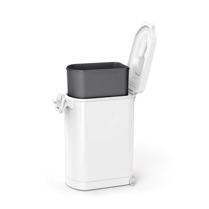 Angled view of Simplehuman White Large Pet Food Can open, showing removable liner and scoop storage in the lid.