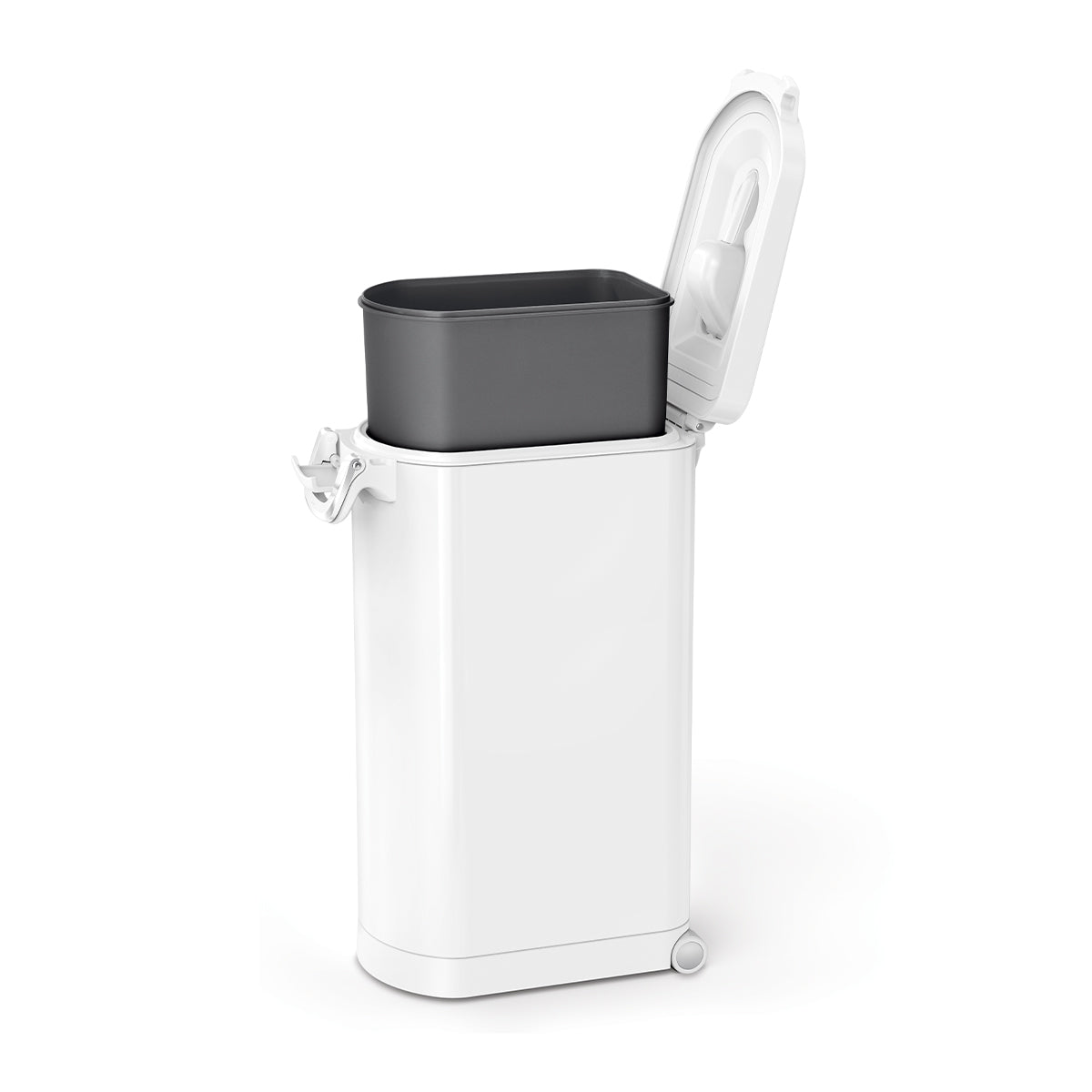 Open view, Simplehuman X-Large Pet Food Can, White, with removable inner bucket for easy cleaning and included scoop holder.