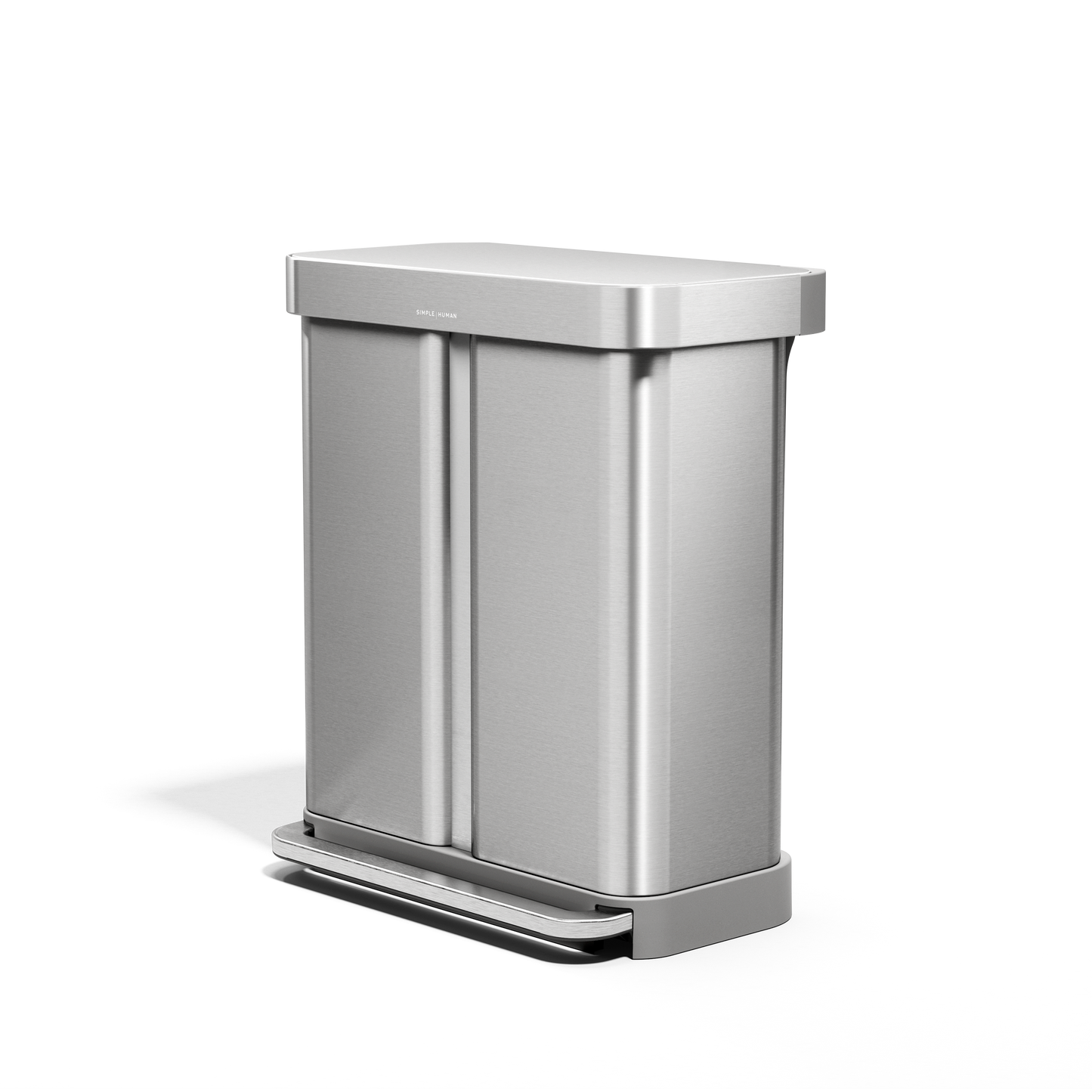 Angled view of Simplehuman 58L Step Recycler, Brushed Stainless Steel, dual recycling compartments, step pedal.