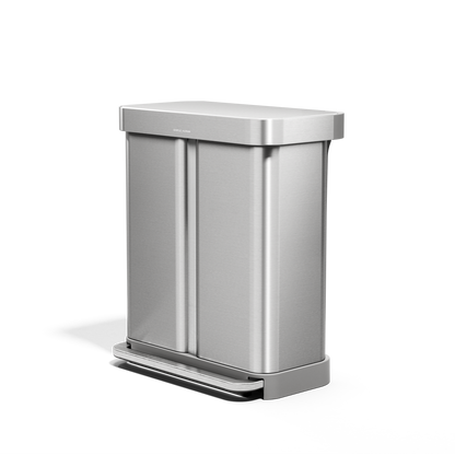 Angled view of Simplehuman 58L Step Recycler, Brushed Stainless Steel, dual recycling compartments, step pedal.