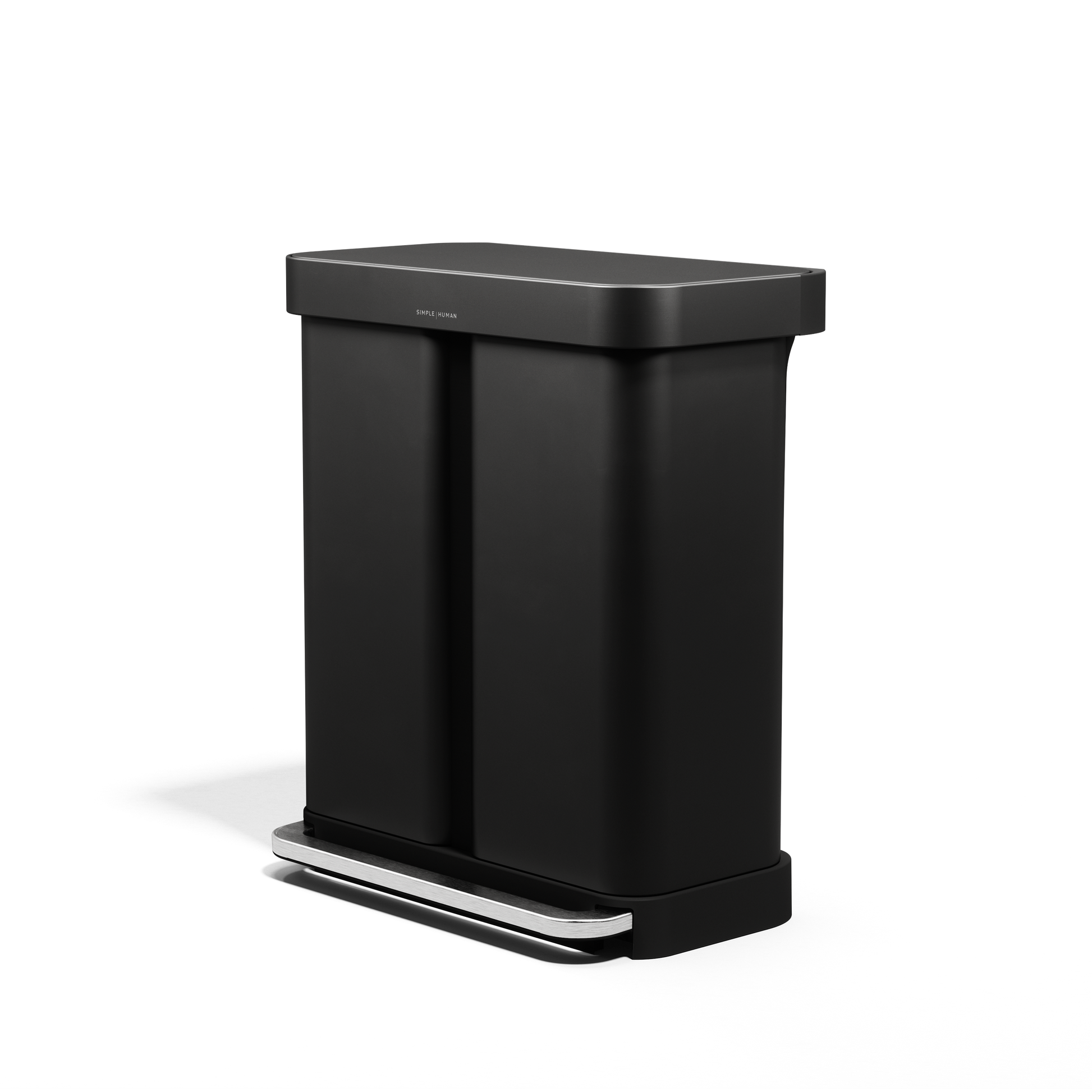 Angled view of Simplehuman 58L Step Recycler, Matte Black, dual compartment for recycling, hands-free pedal.