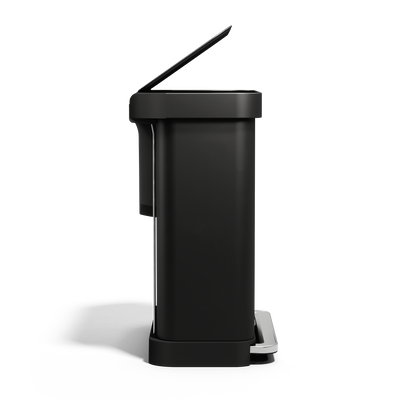 Side view of Simplehuman 58L Step Recycler in Matte Black, dual compartment system with lid lifted, hands-free step pedal.