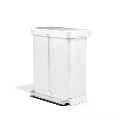 Angled view of Simplehuman 58L Step Recycler in White, dual compartments, with brushed metal foot pedal.