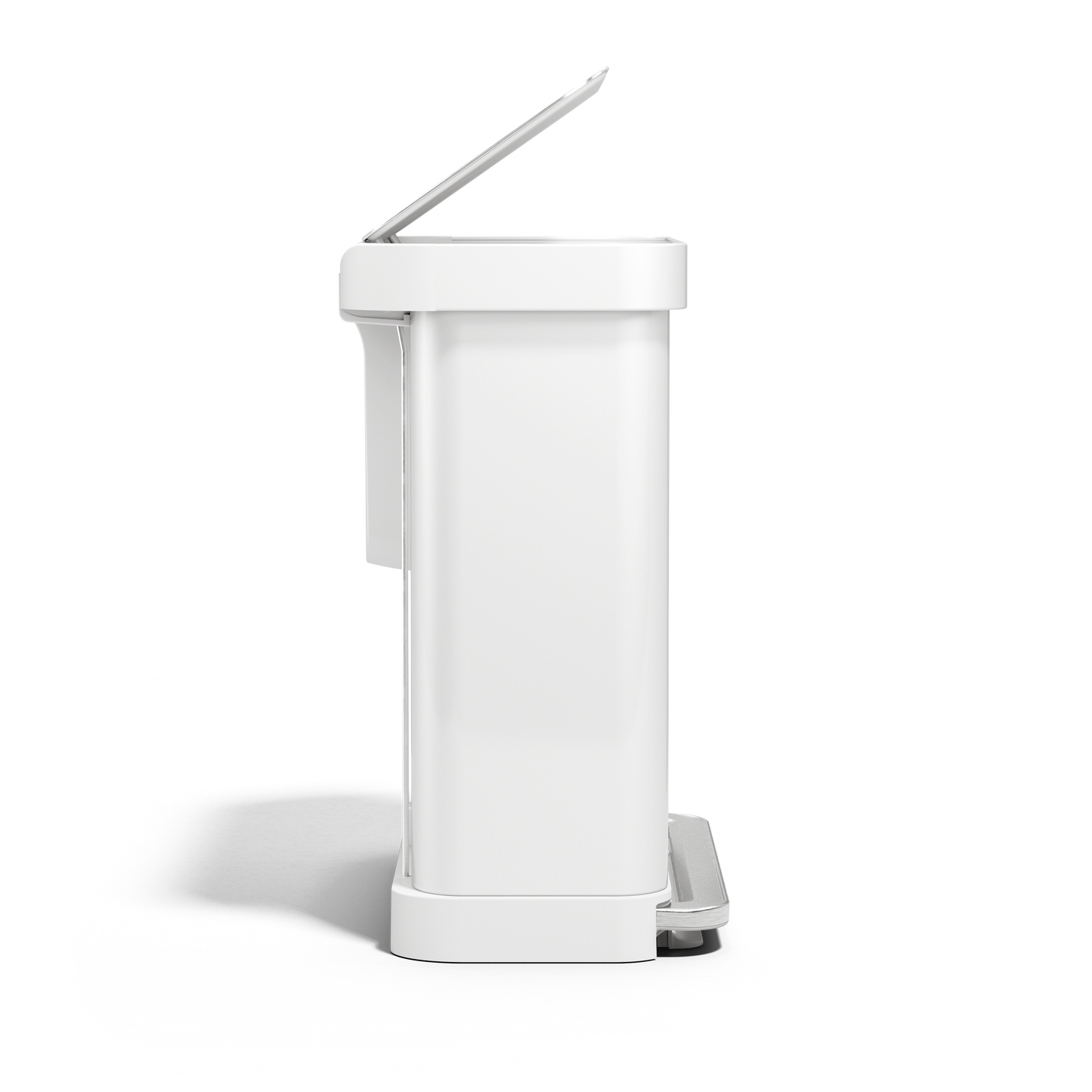 Simplehuman 58L Step Recycler, White side profile with lid open, hands-free step pedal.