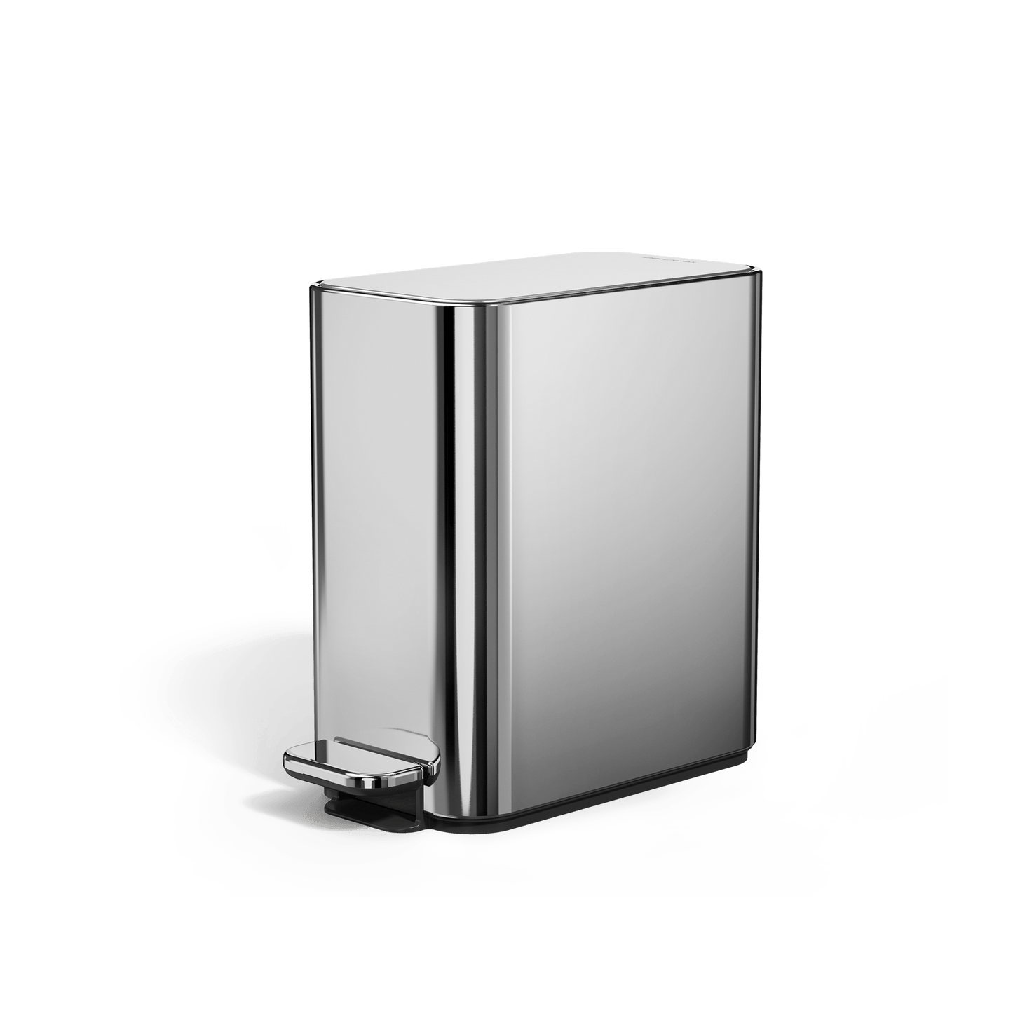 Simplehuman 5L Slim Step Can in Polished Stainless Steel, angled view, hands-free operation and slim design.