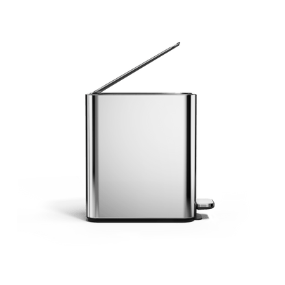 Simplehuman 5L Slim Step Can, Polished Stainless Steel, open view showing hands-free pedal lift.