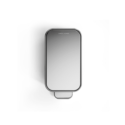 Simplehuman 5L Slim Step Can, Polished Stainless Steel, Top view, showcasing narrow profile and mirrored lid.
