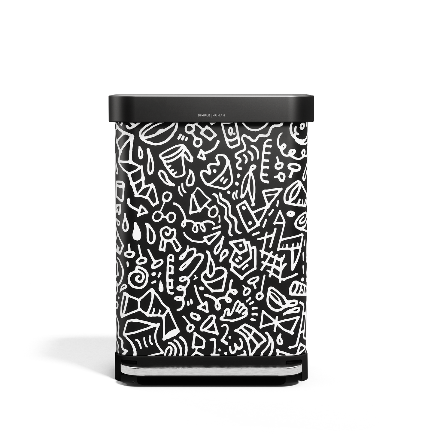 Simplehuman 55L Rectangular Step Can, black with white doodle graphic print, hands-free pedal, and liner pocket.