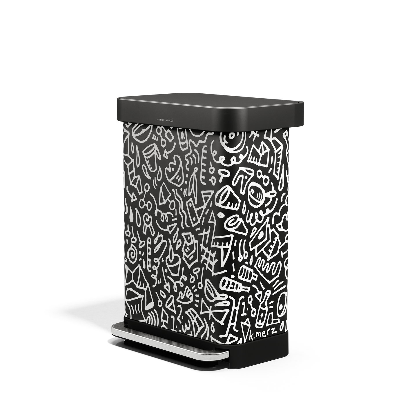 Front angled view of Simplehuman 55L Rectangular Step Can, black graphic print, hands-free pedal, liner pocket.