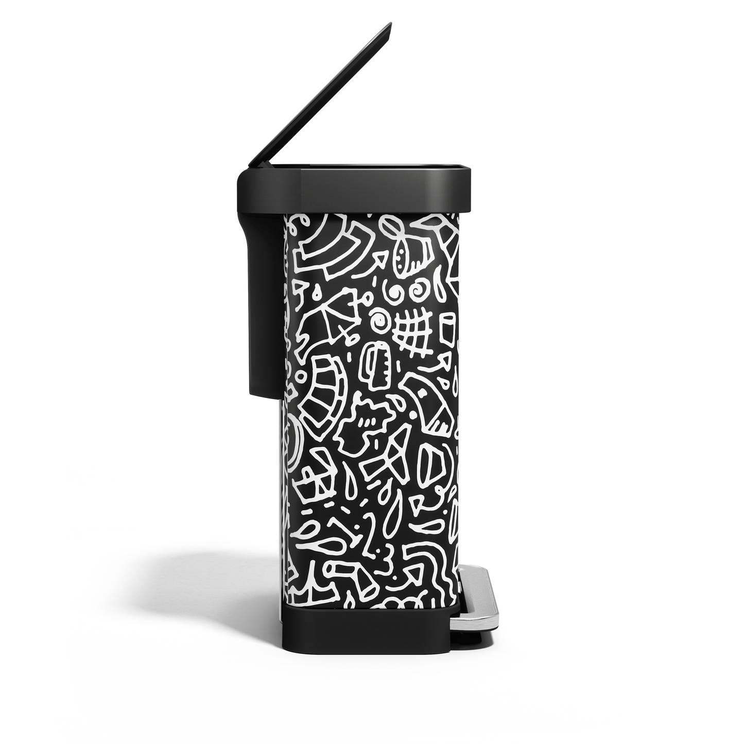 Side view of Simplehuman 55L Rectangular Step Can in black graphic print, with lid open, hands-free pedal.