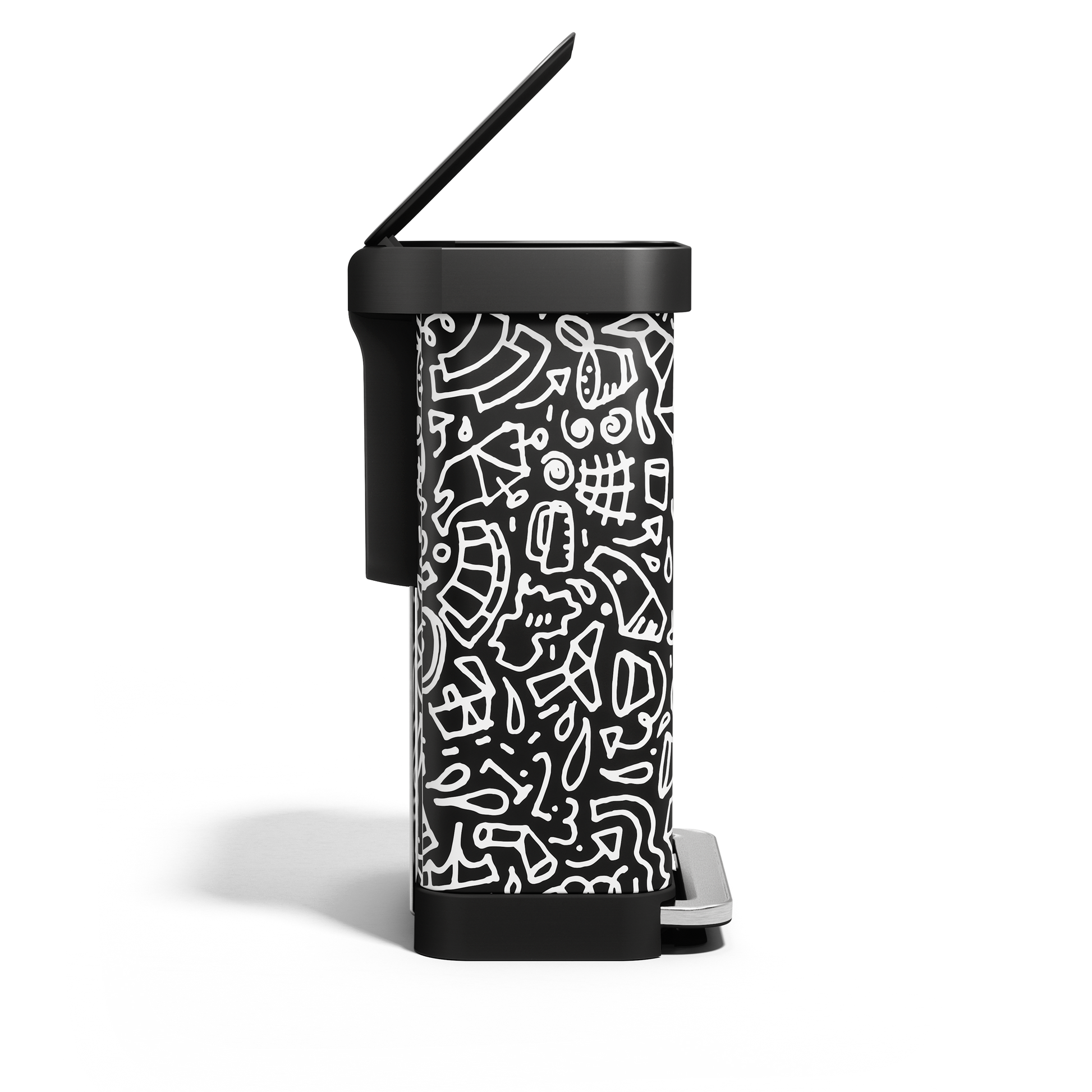 Side view of Simplehuman 55L Rectangular Step Can in black graphic print, with lid open, hands-free pedal.