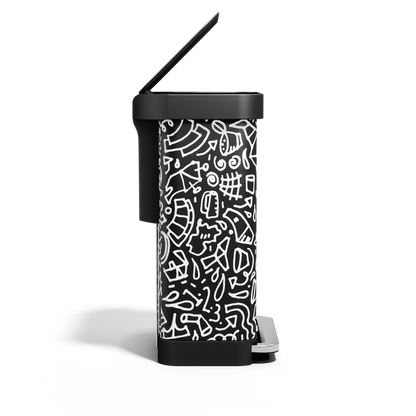 Side view of Simplehuman 55L Rectangular Step Can in black graphic print, with lid open, hands-free pedal.