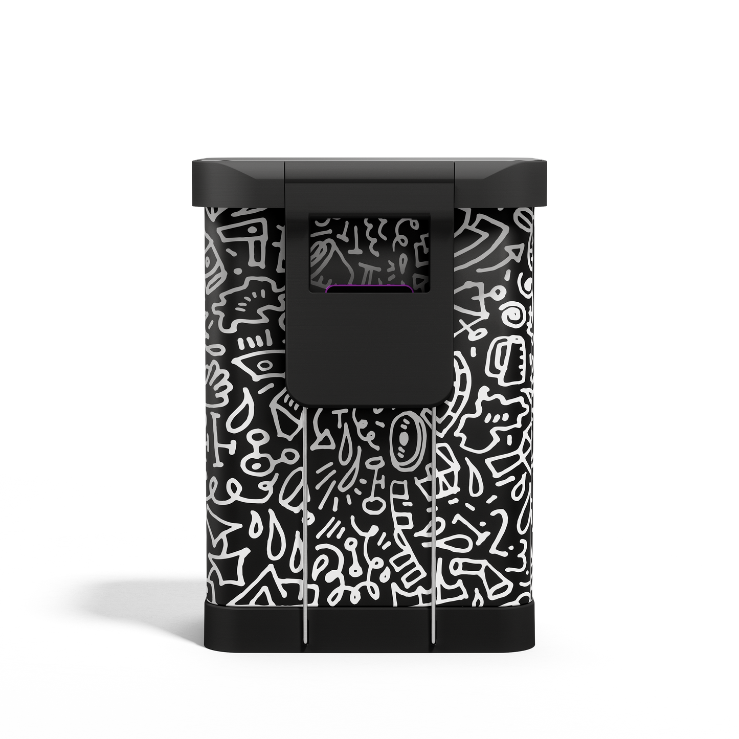 Front view of Simplehuman 55L Rectangular Step Can, black doodle graphic print, with integrated liner pocket.