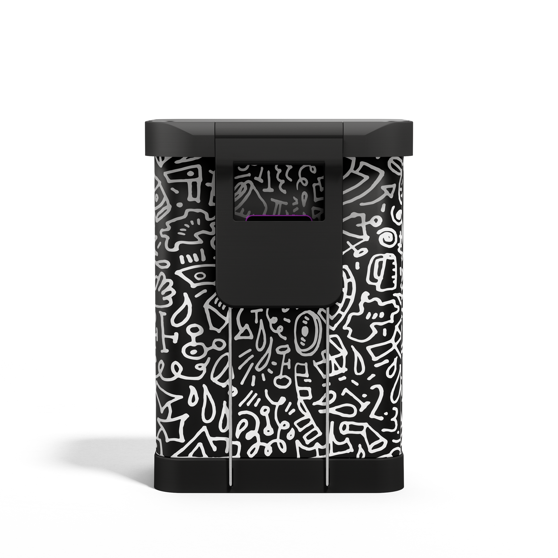 Front view of Simplehuman 55L Rectangular Step Can, black doodle graphic print, with integrated liner pocket.