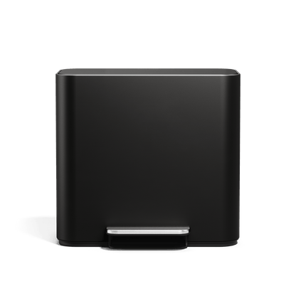 Simplehuman 16L Matte Black Mini Step Can with pedal, front angle.