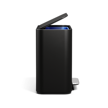 Simplehuman 16L Matte Black Mini Step Can with pedal, side angle.