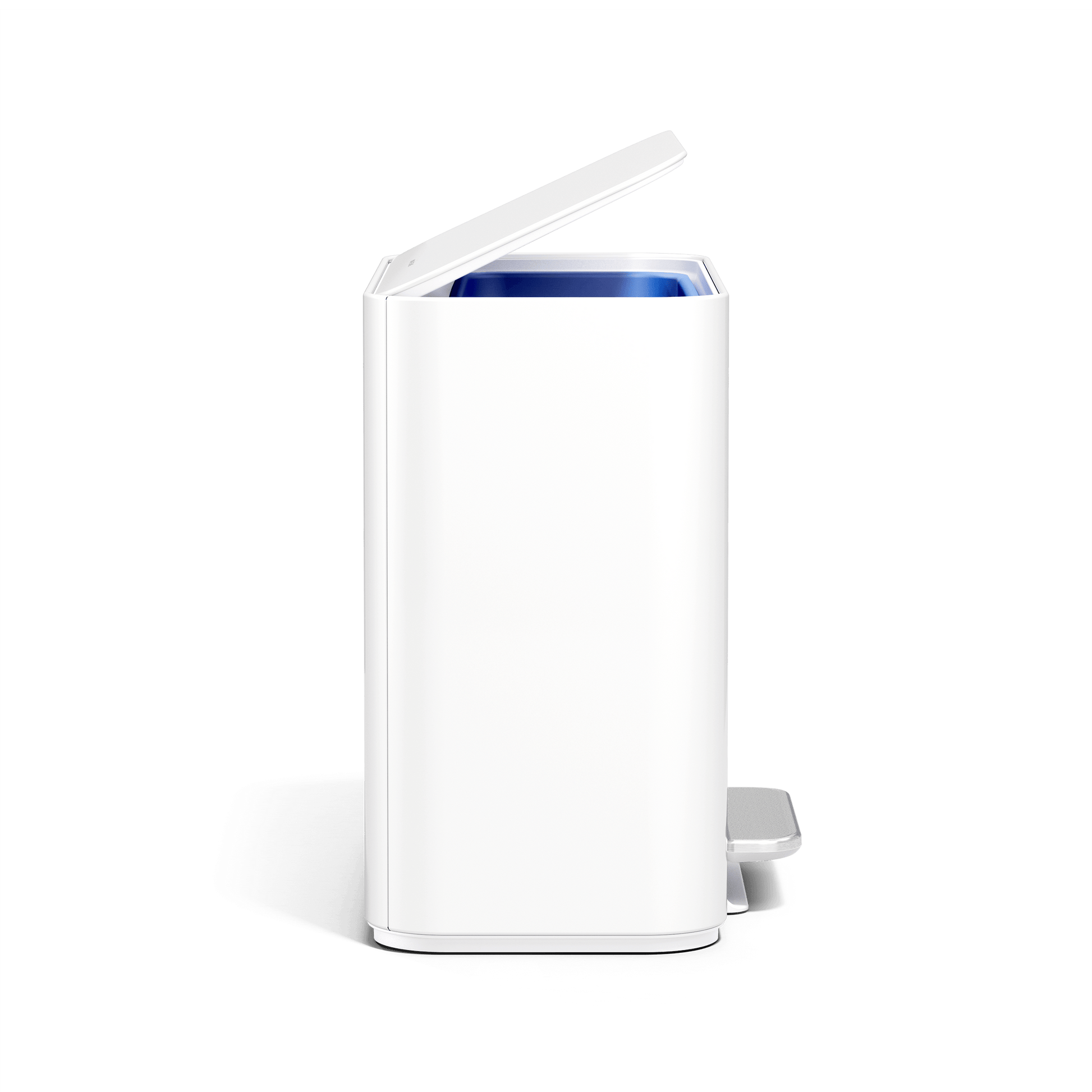 Simplehuman 16L White Mini Step Can with pedal, side angle.