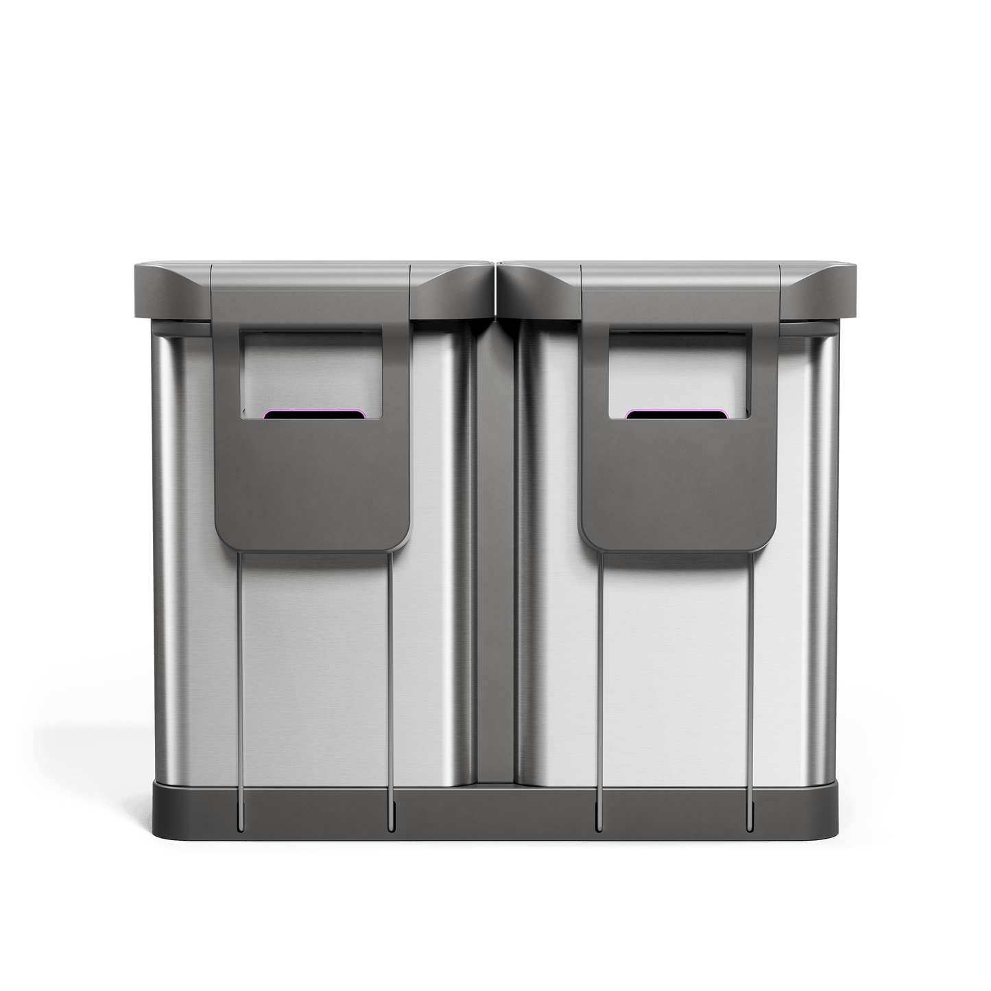 Simplehuman's 90L Step Recycler in Brushed showcasing the back view of the can. The can features a liner pocket that can be used for easy access of grabbing replacement liners so that you never run out. This section is slightly outlined with a light purple accent.