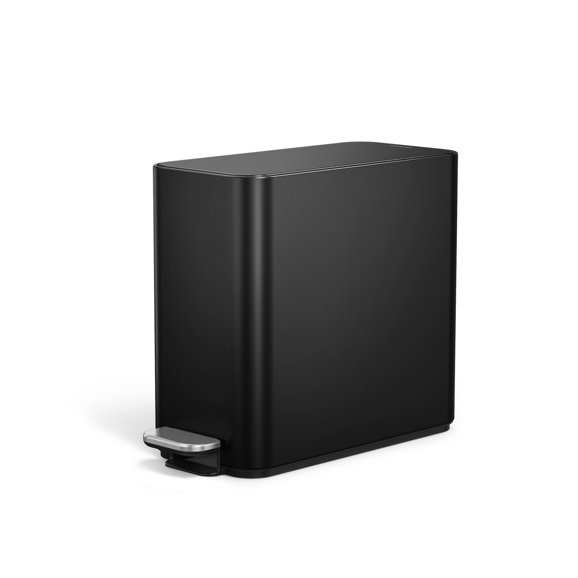 Simplehuman's 9L Slim Step Can in Matte Black, angled view.