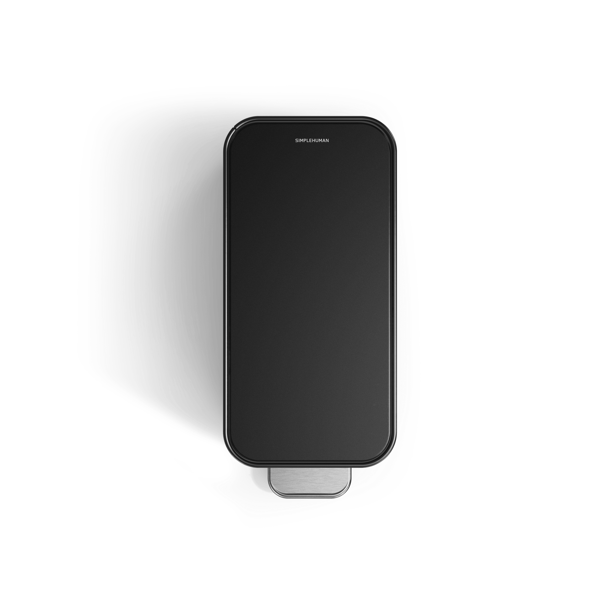 Simplehuman's 9L Slim Step Can in Matte Black top view showcasing the lid and pedal of the can.