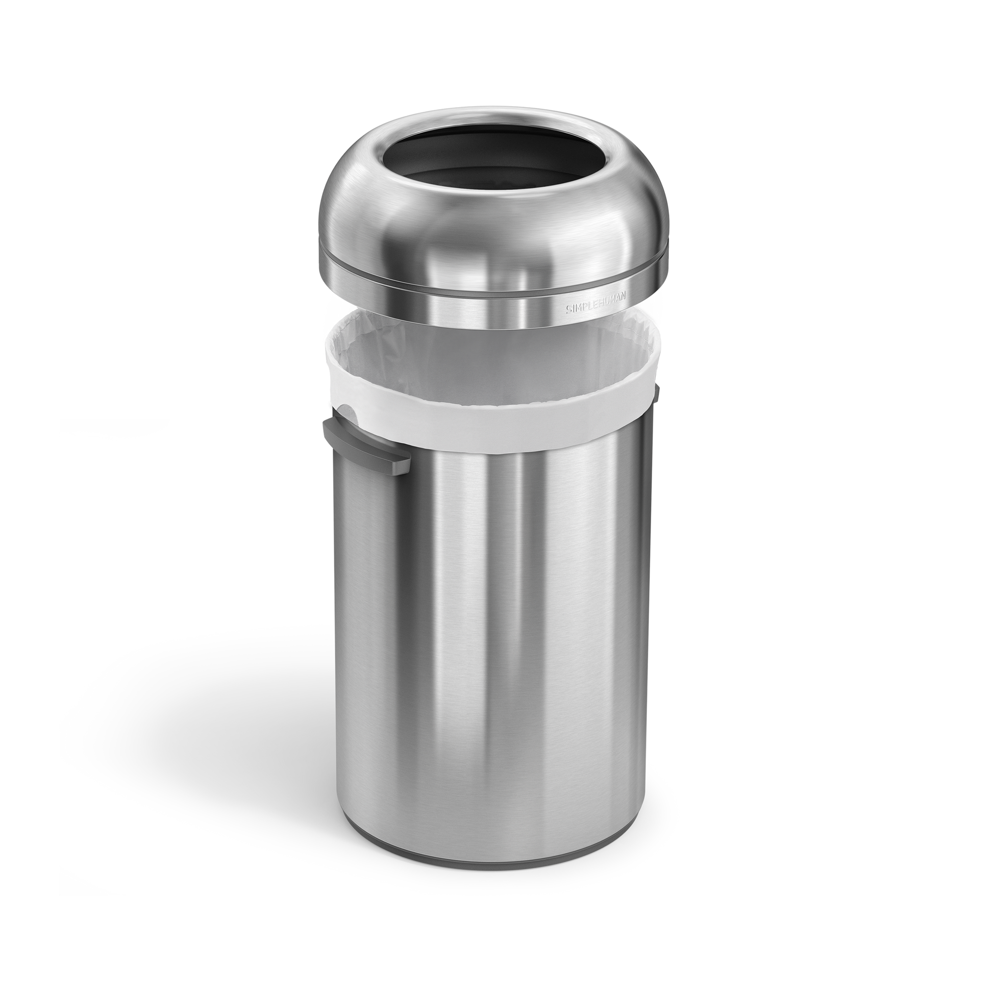 Simplehuman's 115L All-Steel Bullet Open Can in Brushed at a side angle with the lid part of the can hovering over the base of the can.