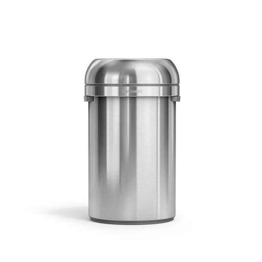 Simplehuman's 80L All-Steel Bullet Open Can in Brushed front-angle view.