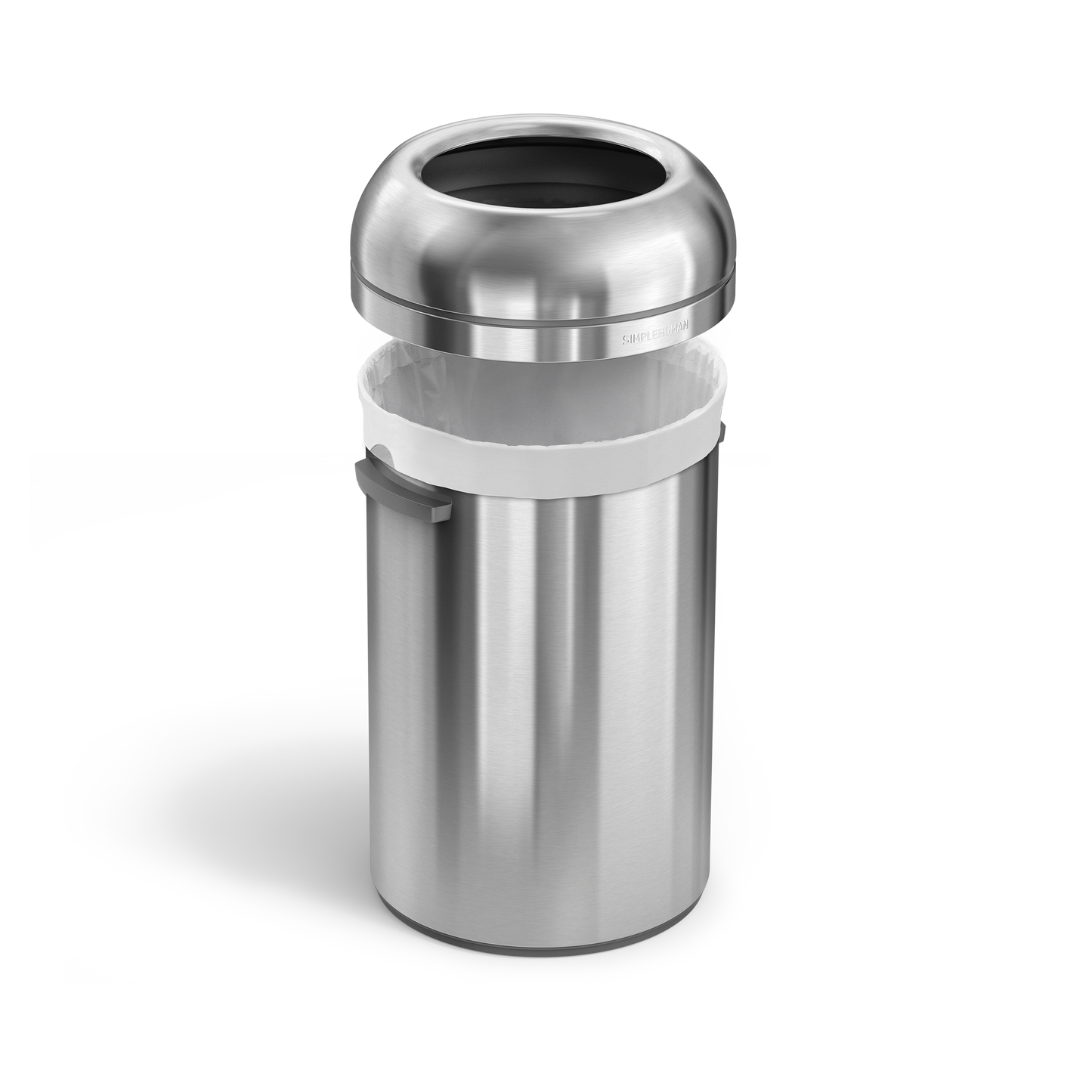 Simplehuman's 80L All-Steel Bullet Open Can in Brushed at a side angle with the lid part of the can hovering over the base of the can.