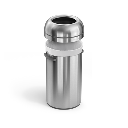 Simplehuman's 60L All-Steel Bullet Open Can in Brushed at a side angle with the lid part of the can hovering over the base of the can.