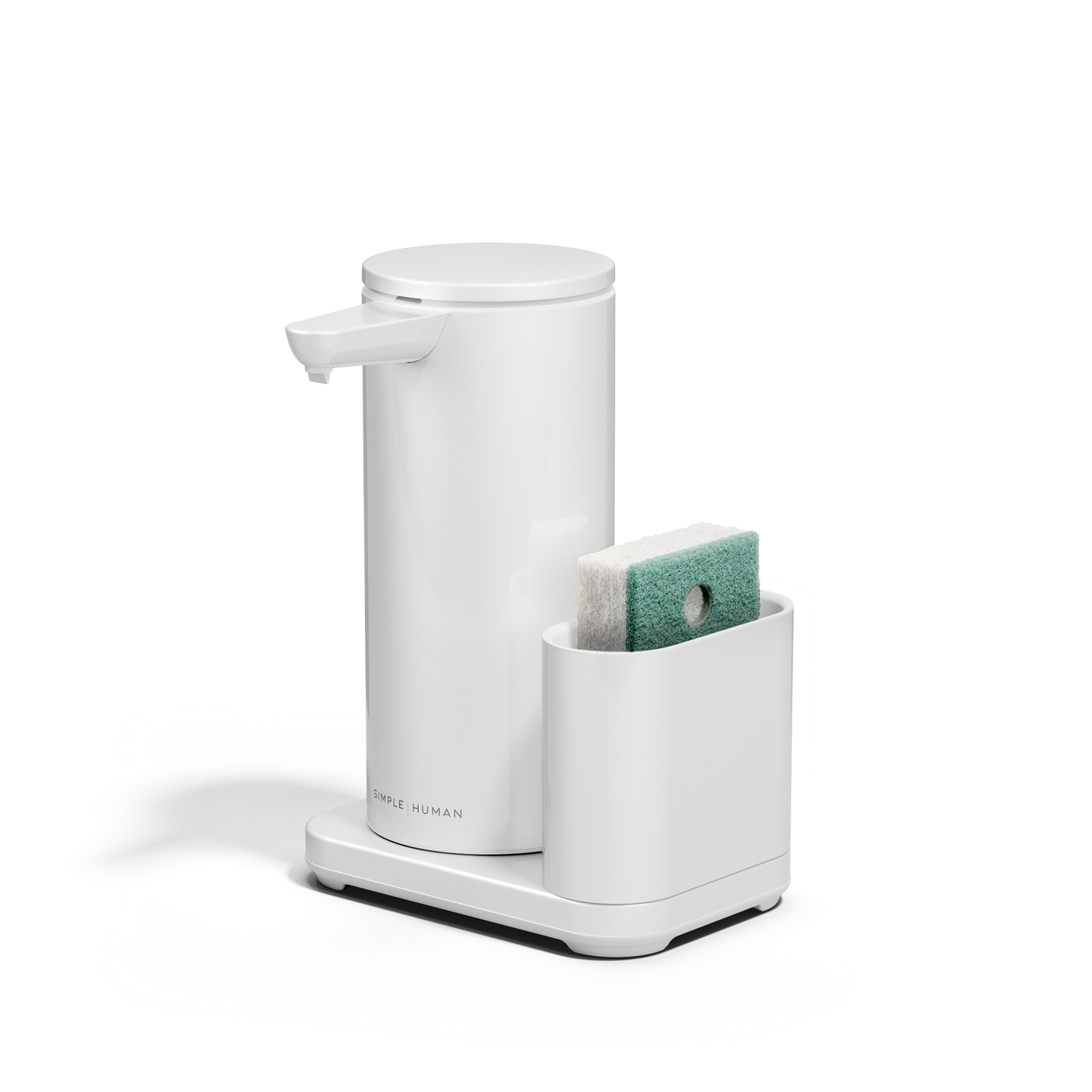 Angled view: Simplehuman White 14 oz Sensor Pump + Caddy, touch-free rechargeable dispenser holding a sponge.