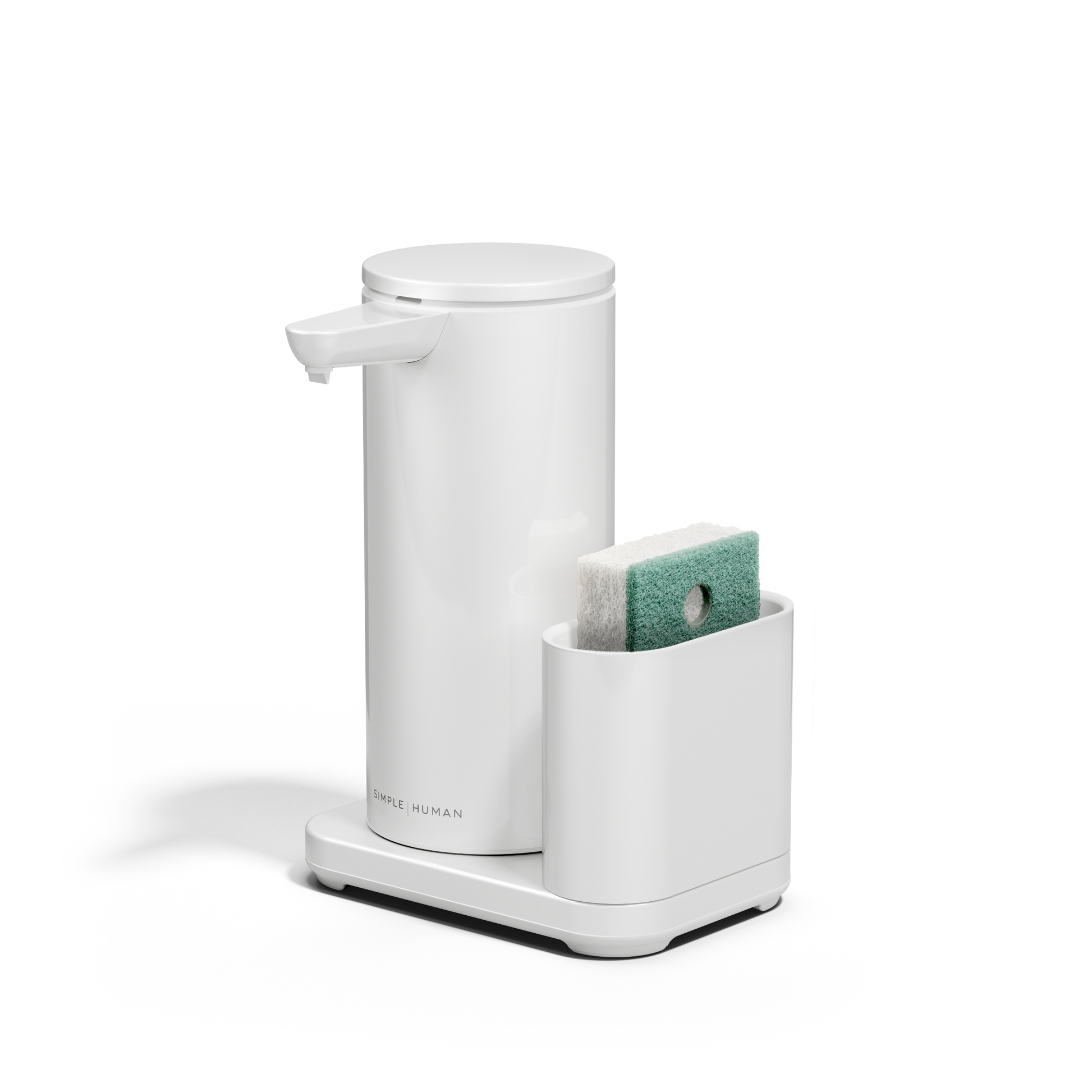 Angled view: Simplehuman White 14 oz Sensor Pump + Caddy, touch-free rechargeable dispenser holding a sponge.
