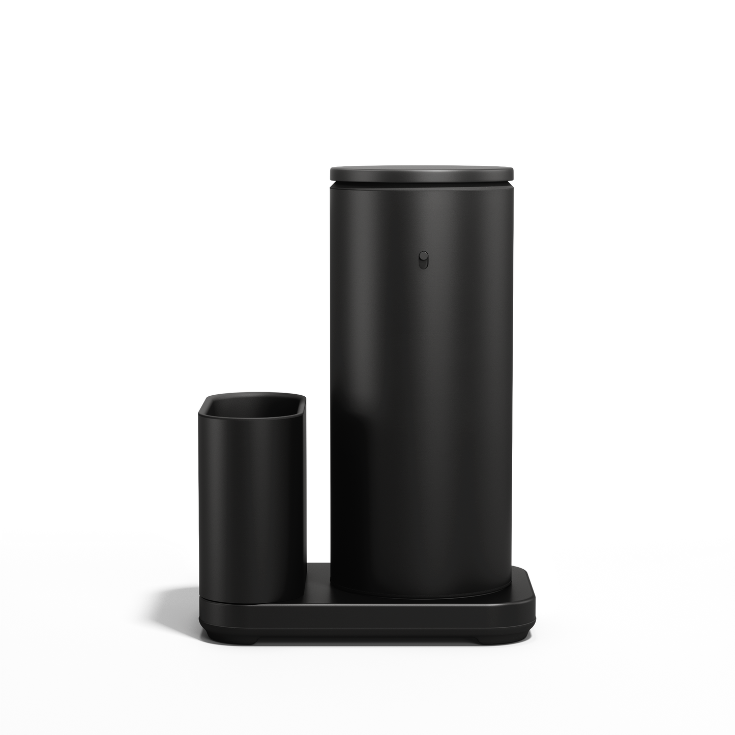 Simplehuman Matte Black 14 oz Sensor Pump and Caddy, profile view showing rechargeable touch-free design.