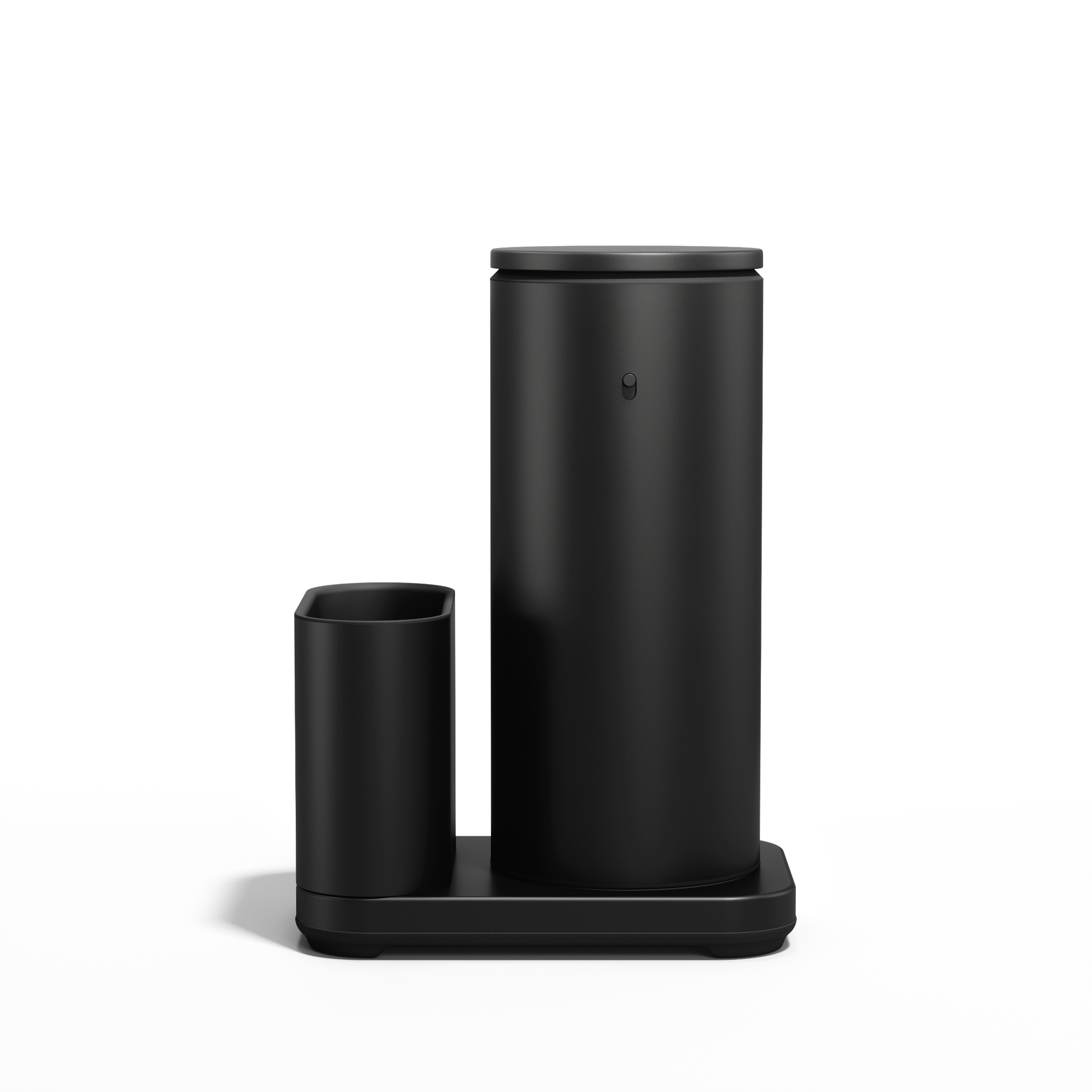 Simplehuman Matte Black 14 oz Sensor Pump and Caddy, profile view showing rechargeable touch-free design.