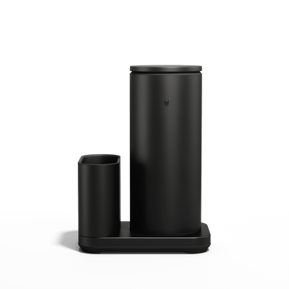 Simplehuman Matte Black 14 oz Sensor Pump and Caddy, profile view showing rechargeable touch-free design.