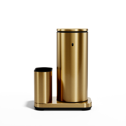 Front studio view: Simplehuman Brushed Brass 14 oz Sensor Pump + Caddy, rechargeable touch-free dispenser.