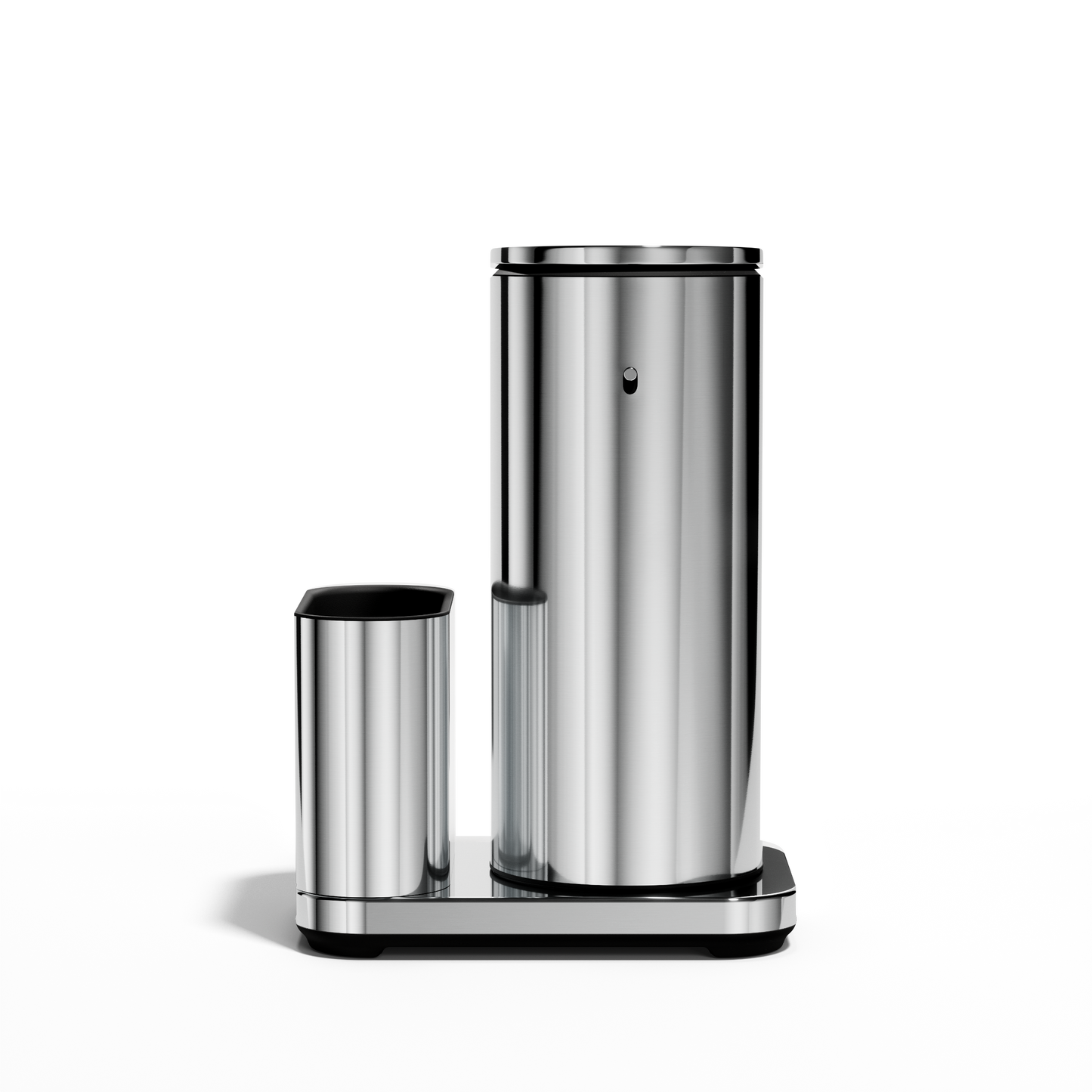 Profile view: Simplehuman Polished Stainless Steel 14 oz Sensor Pump + Caddy, rechargeable touch-free dispenser.