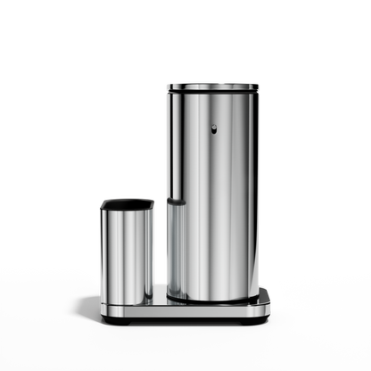 Profile view: Simplehuman Polished Stainless Steel 14 oz Sensor Pump + Caddy, rechargeable touch-free dispenser.