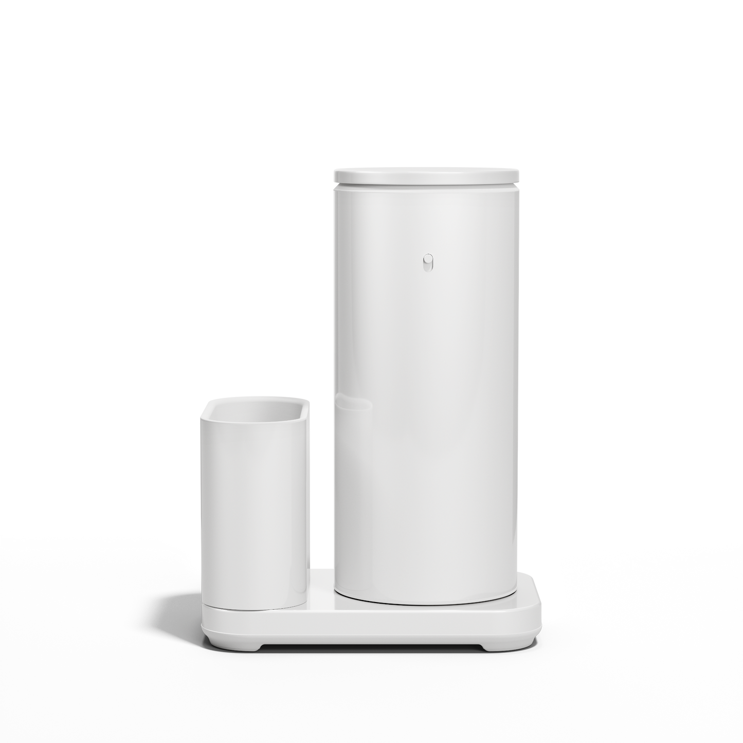 Front view: Simplehuman White 14 oz Sensor Pump + Caddy, touch-free, rechargeable, with removable utensil caddy.