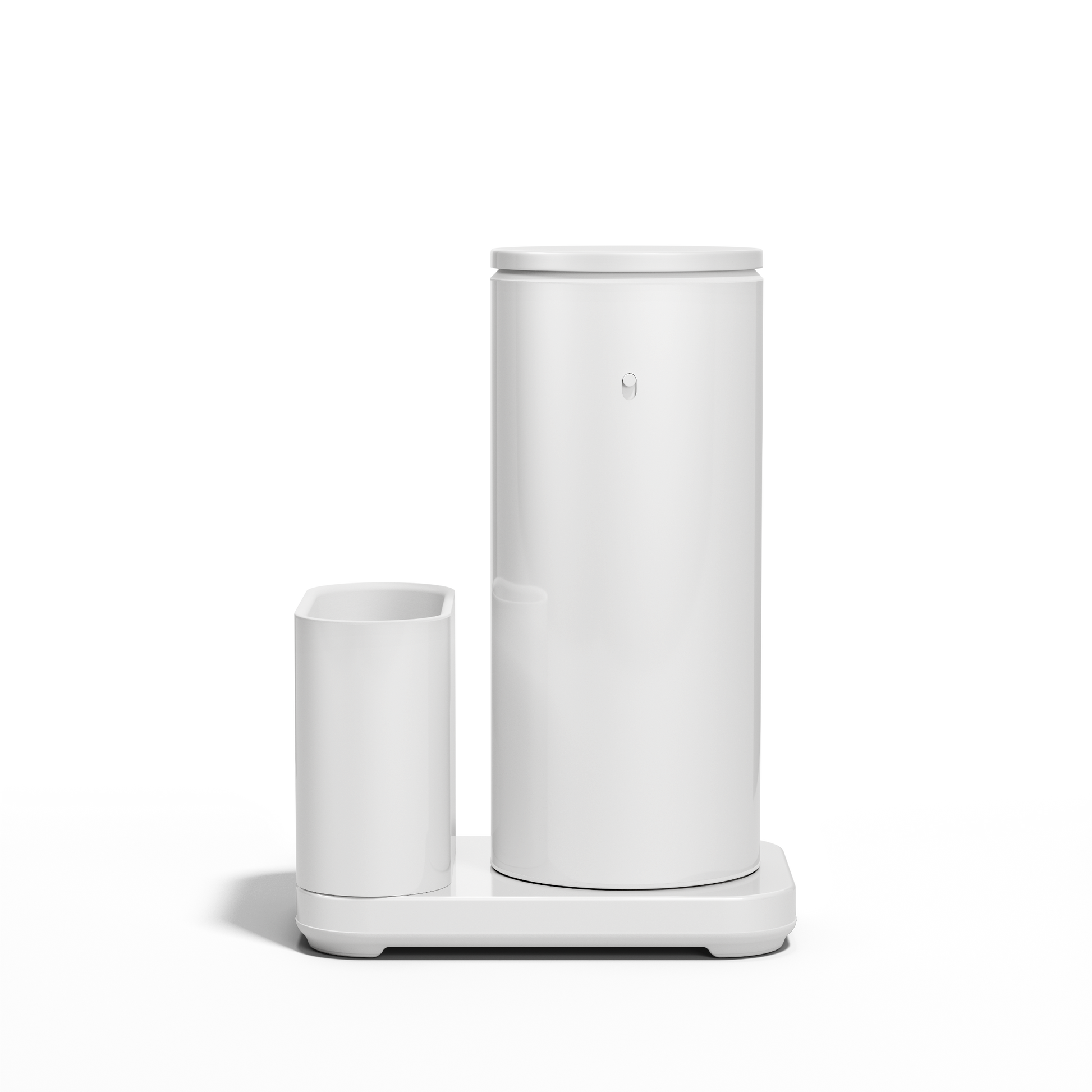 Front view: Simplehuman White 14 oz Sensor Pump + Caddy, touch-free, rechargeable, with removable utensil caddy.