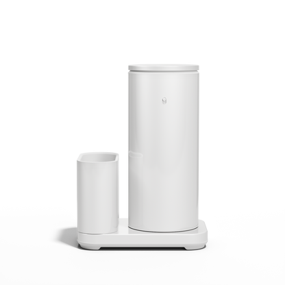 Front view: Simplehuman White 14 oz Sensor Pump + Caddy, touch-free, rechargeable, with removable utensil caddy.