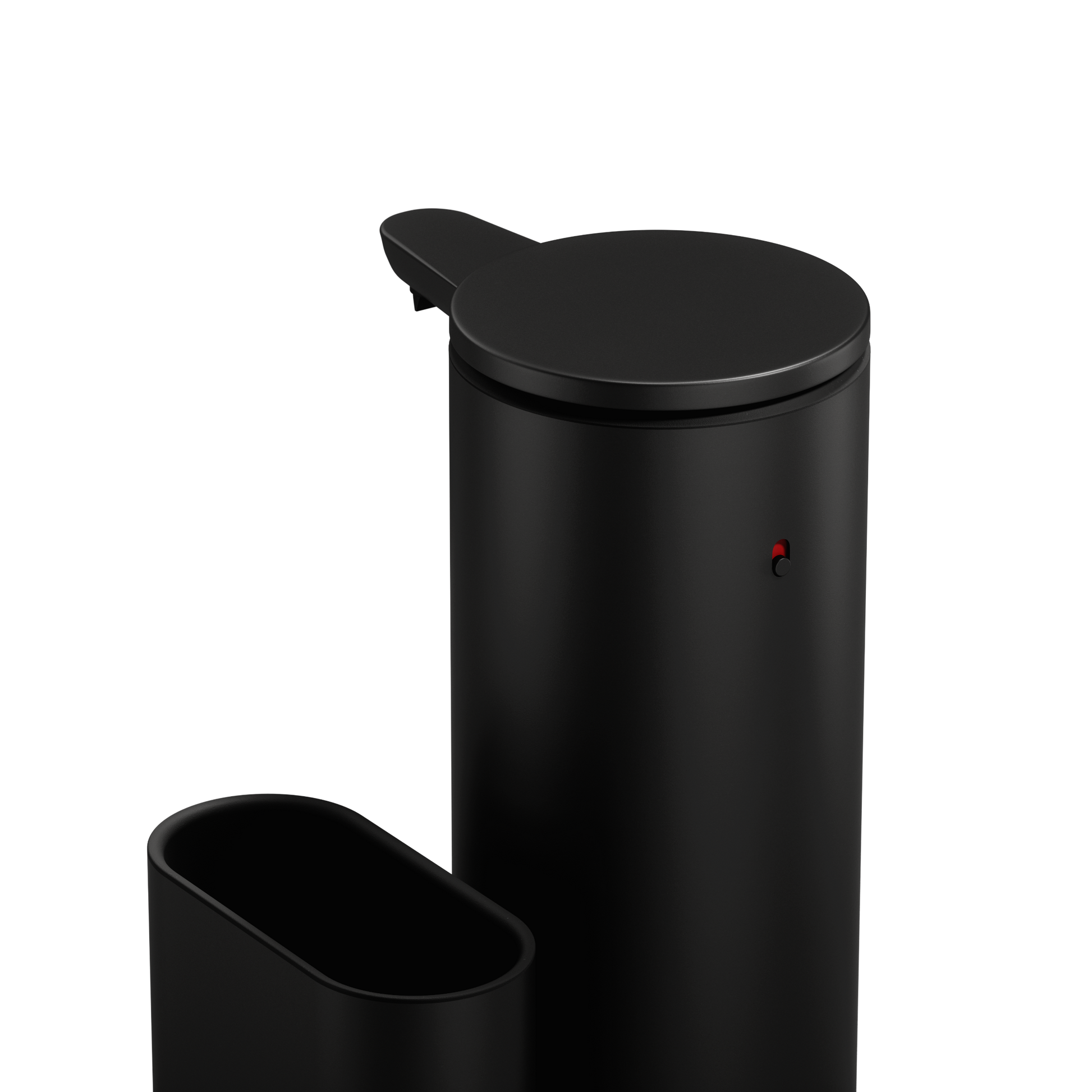 Detail view of Simplehuman Matte Black 14 oz Sensor Pump + Caddy, featuring the touch-free sensor and indicator light.