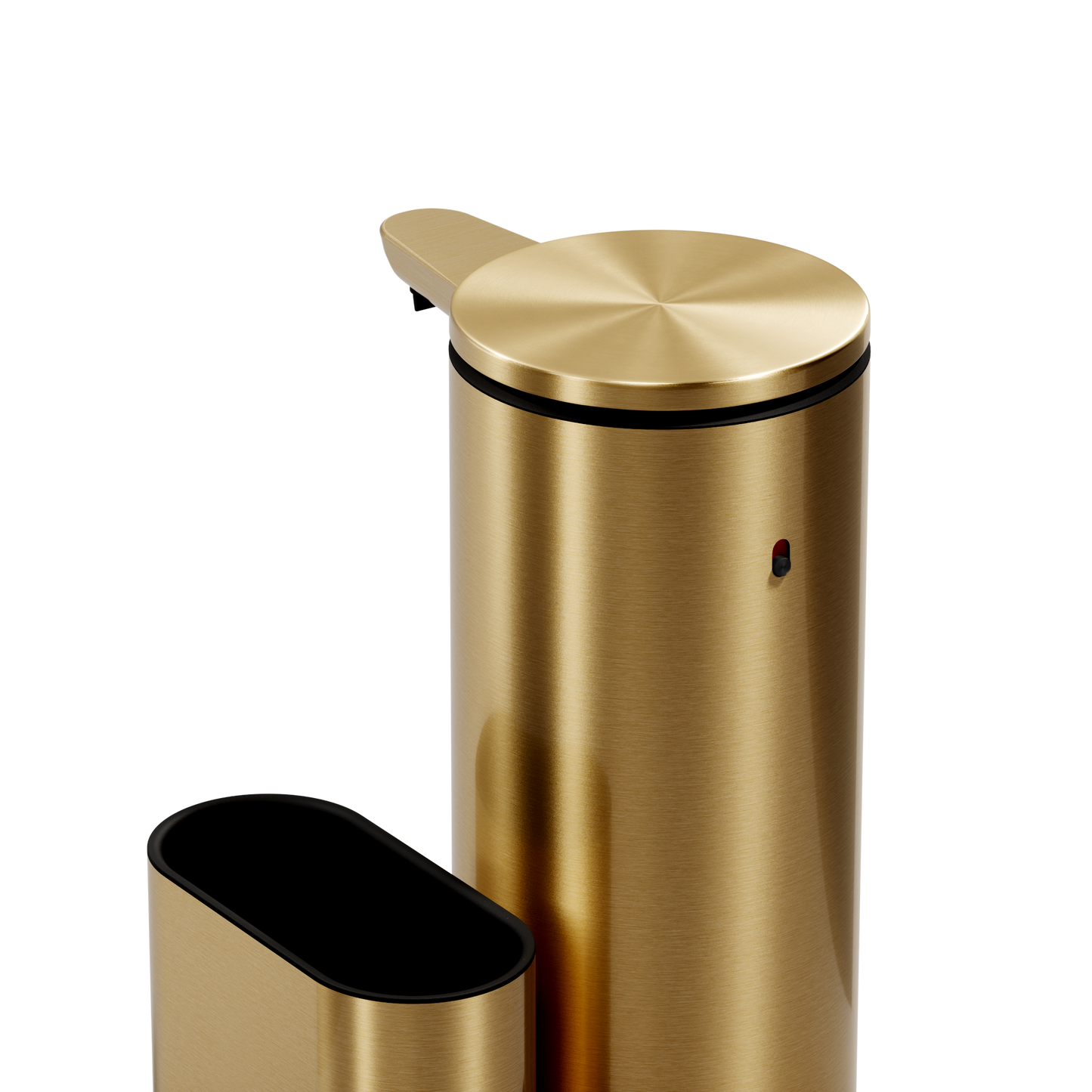 Close-up: Simplehuman Brushed Brass 14 oz Sensor Pump and separate removable Caddy, rechargeable, touch-free.