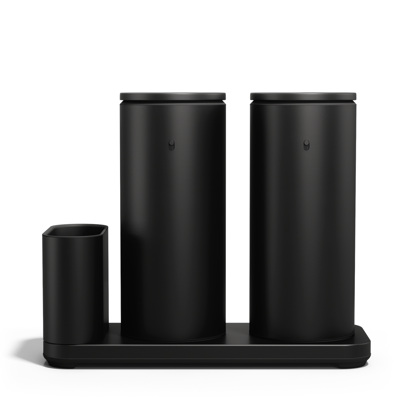 Front view: Simplehuman Matte Black Dual Sensor Pump 14 oz. with Caddy, rechargeable and twin touch-free dispensers.