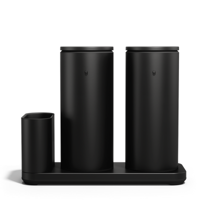 Front view: Simplehuman Matte Black Dual Sensor Pump 14 oz. with Caddy, rechargeable and twin touch-free dispensers.
