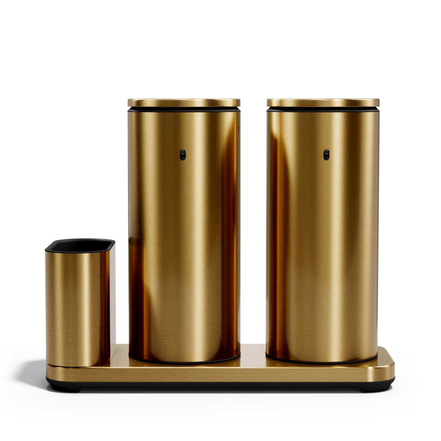 Front studio view: Simplehuman Brushed Brass Dual Sensor Pump 14 oz. with caddy, twin rechargeable hands-free dispensers.