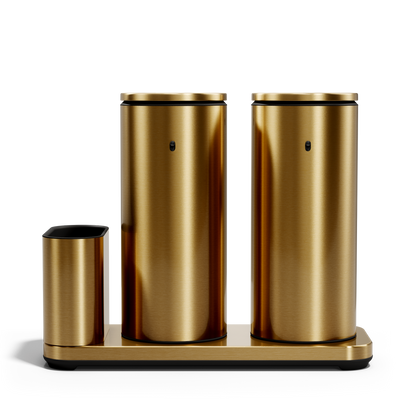 Front studio view: Simplehuman Brushed Brass Dual Sensor Pump 14 oz. with caddy, twin rechargeable hands-free dispensers.