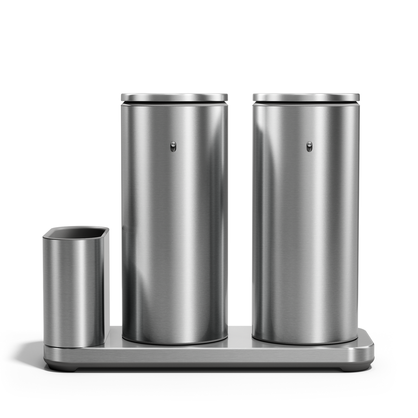 Front view: Simplehuman Dual Sensor Pump 14 oz. with Caddy in Brushed Stainless Steel, rechargeable, hands-free.